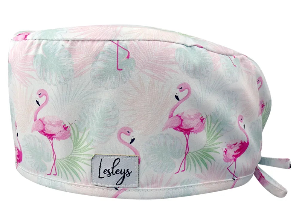 Stoff OP Haube aus Baumwolle Flamingo Sommer. Bunte OP Muetze fuer Damen und Herren