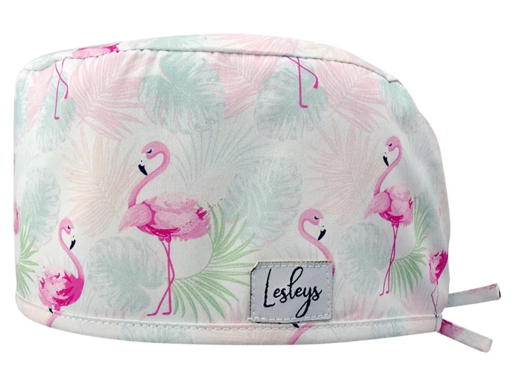 Stoff OP Haube aus Baumwolle Flamingo Sommer. Bunte OP Muetze fuer Damen und Herren