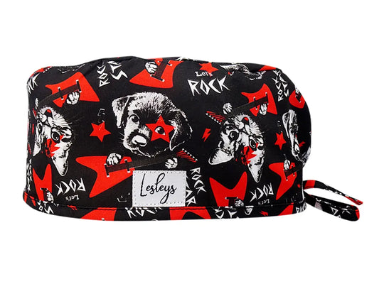 Stoff OP Haube aus Baumwolle Rockstar Pets. Bunte OP Muetze fuer Damen und Herren